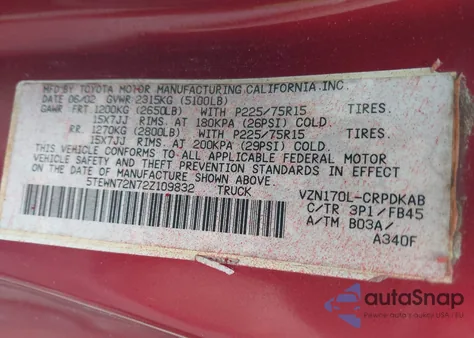 2002 Toyota Tacoma Base V6 из США, поврежденный, VIN 5TEWN72N72Z109832